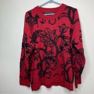 Peruvian Connection Sweater Women’s Large Red Black Crew Neck Floral Alpaca Wool